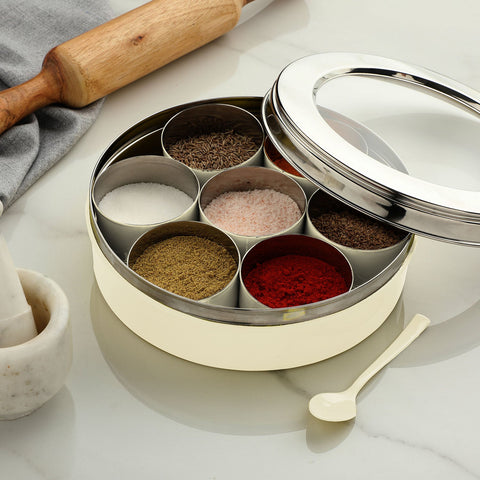 Dudki Stainless Steel Masala Dabba Set | 7 Spice Containers with Spoons – Ivory
