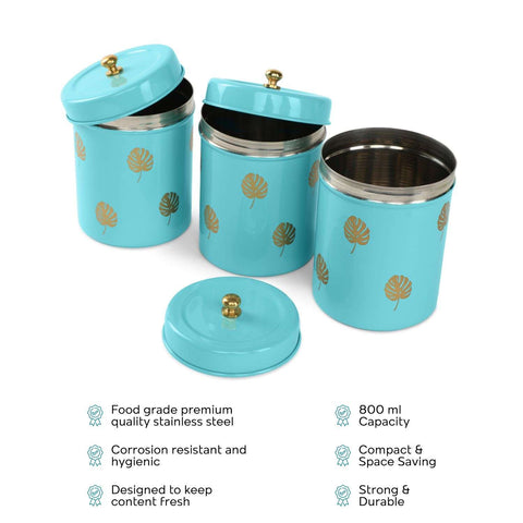 Dudki Stainless Steel Canister Set of 3 | Stainless Steel Storage Box Aqua