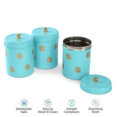 Dudki Stainless Steel Canister Set of 3 | Stainless Steel Storage Box Aqua