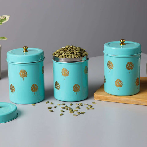 Dudki Stainless Steel Canister Set of 3 | Stainless Steel Storage Box Aqua