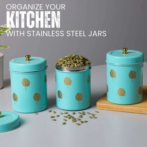 Dudki Stainless Steel Canister Set of 3 | Stainless Steel Storage Box Aqua