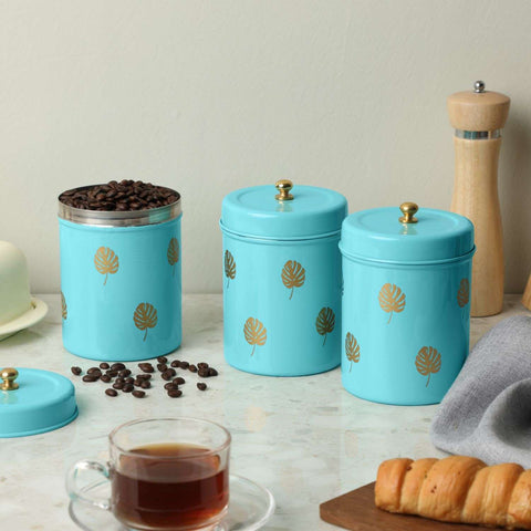 Dudki Stainless Steel Canister Set of 3 | Stainless Steel Storage Box Aqua