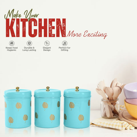Dudki Stainless Steel Canister Set of 3 | Stainless Steel Storage Box Aqua
