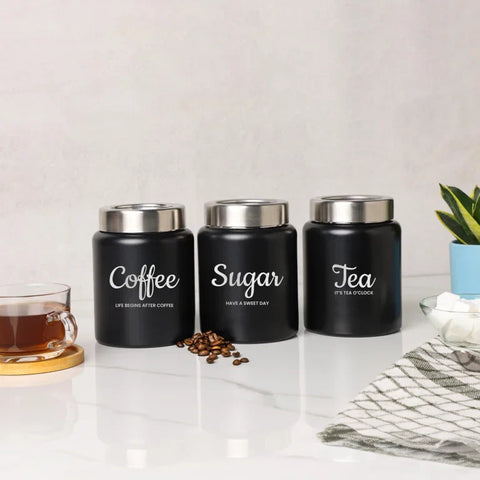 Dudki Iconic Tea Coffee Sugar Canister Set | Stainless Steel Tea Coffee Sugar Box Black