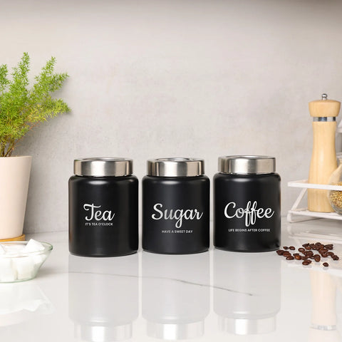 Dudki Iconic Tea Coffee Sugar Canister Set | Stainless Steel Tea Coffee Sugar Box Black