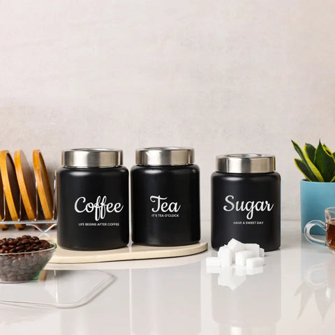 Dudki Iconic Tea Coffee Sugar Canister Set | Stainless Steel Tea Coffee Sugar Box Black