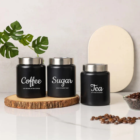 Dudki Iconic Tea Coffee Sugar Canister Set | Stainless Steel Tea Coffee Sugar Box Black