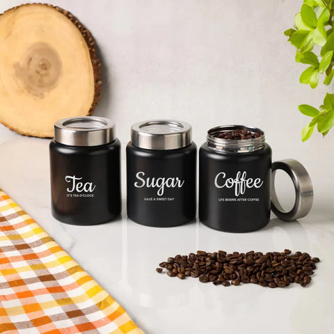 Dudki Iconic Tea Coffee Sugar Canister Set | Stainless Steel Tea Coffee Sugar Box Black