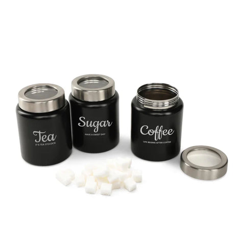 Dudki Iconic Tea Coffee Sugar Canister Set | Stainless Steel Tea Coffee Sugar Box Black