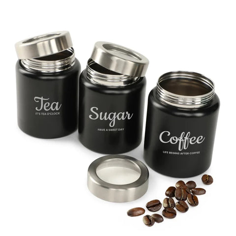 Dudki Iconic Tea Coffee Sugar Canister Set | Stainless Steel Tea Coffee Sugar Box Black