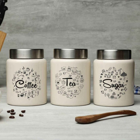 Dudki Iconic Tea Coffee Sugar Canister Set | Stainless Steel Tea Coffee Sugar Box Beige