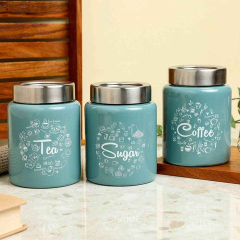 Dudki Iconic Tea Coffee Sugar Canister Set | Stainless Steel Tea Coffee Sugar Box Moss Green