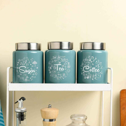 Dudki Iconic Tea Coffee Sugar Canister Set | Stainless Steel Tea Coffee Sugar Box Moss Green