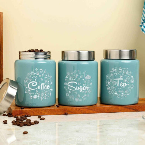 Dudki Iconic Tea Coffee Sugar Canister Set | Stainless Steel Tea Coffee Sugar Box Moss Green