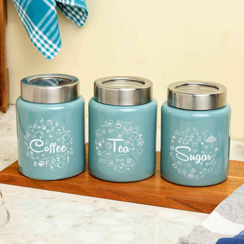 Dudki Iconic Tea Coffee Sugar Canister Set | Stainless Steel Tea Coffee Sugar Box Moss Green
