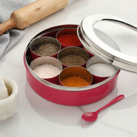 Dudki 7 in 1 Stainless Steel Masala Dabba / Spice Box Caramel Orange