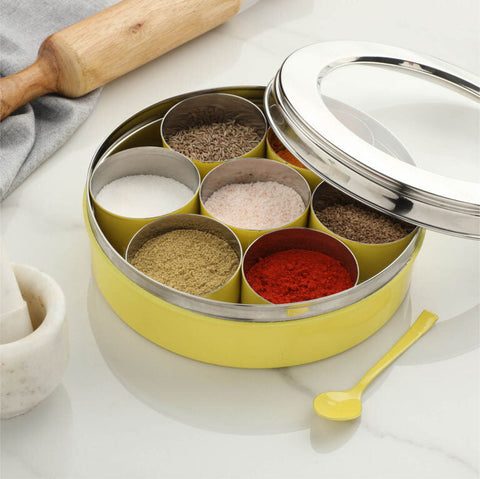 Dudki 7 in 1 Stainless Steel Masala Dabba / Spice Box Caramel Orange