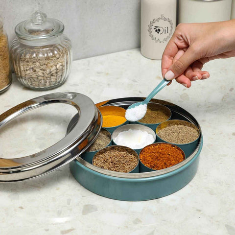 Dudki 7 in 1 Stainless Steel Masala Dabba / Spice Box Caramel Orange