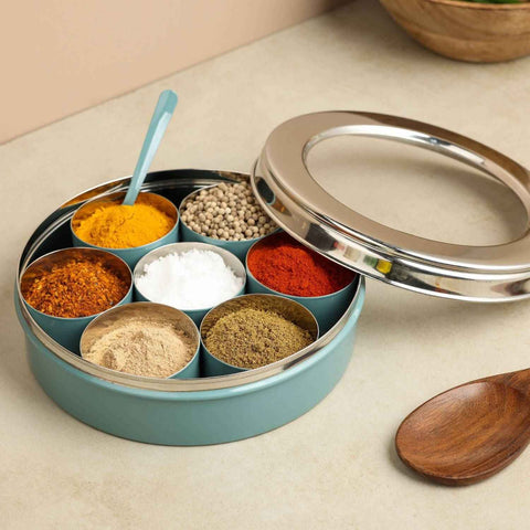Dudki 7 in 1 Stainless Steel Masala Dabba / Spice Box Caramel Orange