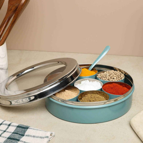 Dudki 7 in 1 Stainless Steel Masala Dabba / Spice Box Caramel Orange