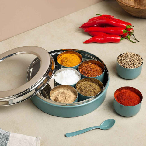 Dudki 7 in 1 Stainless Steel Masala Dabba / Spice Box Caramel Orange