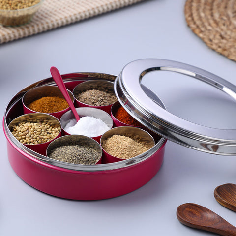Dudki 7 in 1 Stainless Steel Masala Dabba / Spice Box Caramel Orange
