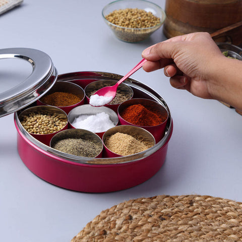 Dudki 7 in 1 Stainless Steel Masala Dabba / Spice Box Caramel Orange