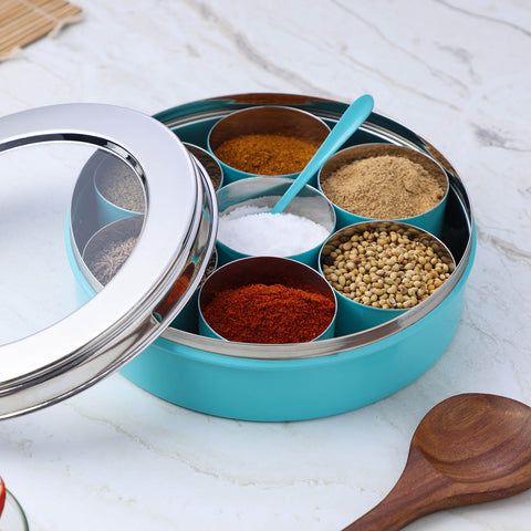 Dudki 7 in 1 Stainless Steel Masala Dabba / Spice Box Aqua