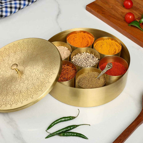 Dudki 7-in-1 Brass Masala Box / Spice Box Mandala