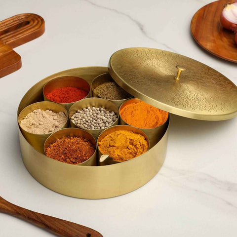 Dudki 7-in-1 Brass Masala Box / Spice Box Mandala