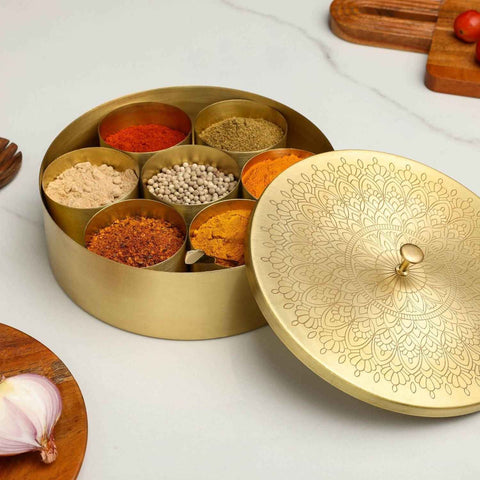Dudki 7-in-1 Brass Masala Box / Spice Box Mandala