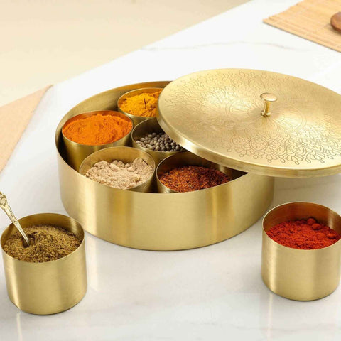 Dudki 7-in-1 Brass Masala Box / Spice Box Mandala