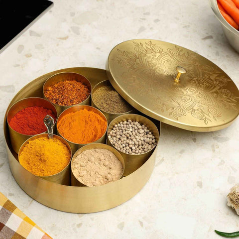 Dudki Premium Brass Spice Box 7-in-1 / Masala Box Mandala Flower Art