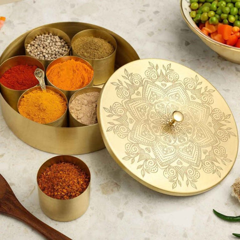 Dudki Premium Brass Spice Box 7-in-1 / Masala Box Mandala Flower Art