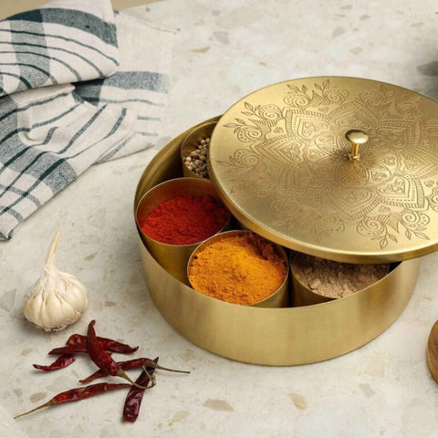 Dudki Premium Brass Spice Box 7-in-1 / Masala Box Mandala Flower Art