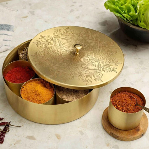 Dudki Premium Brass Spice Box 7-in-1 / Masala Box Mandala Flower Art
