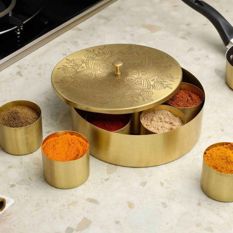 Dudki Premium Brass Spice Box 7-in-1 / Masala Box Mandala Flower Art