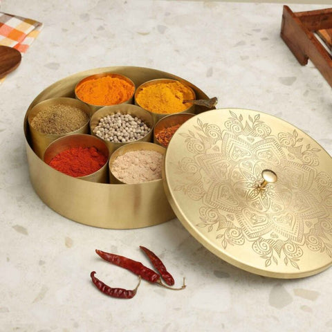 Dudki Premium Brass Spice Box 7-in-1 / Masala Box Mandala Flower Art