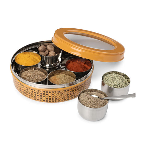 Dudki 7 in 1 Stainless Steel Masala Dabba / Spice Box Caramel Orange
