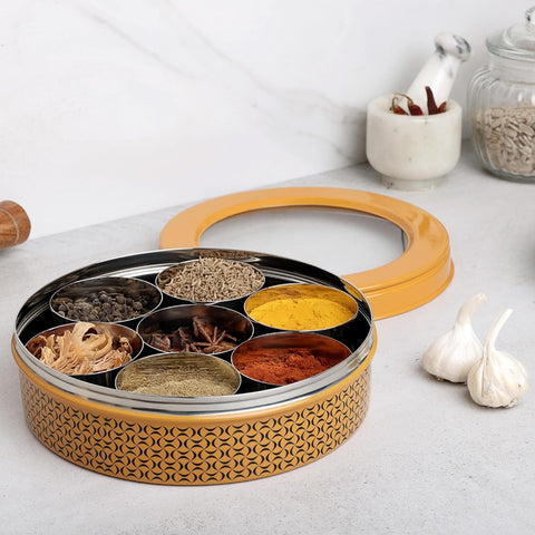 Dudki 7 in 1 Stainless Steel Masala Dabba / Spice Box Caramel Orange