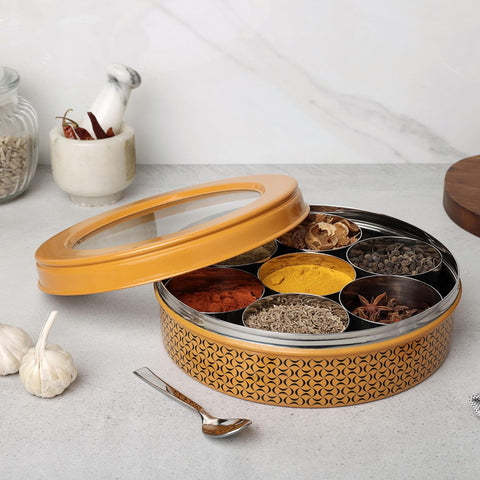 Dudki 7 in 1 Stainless Steel Masala Dabba / Spice Box Caramel Orange