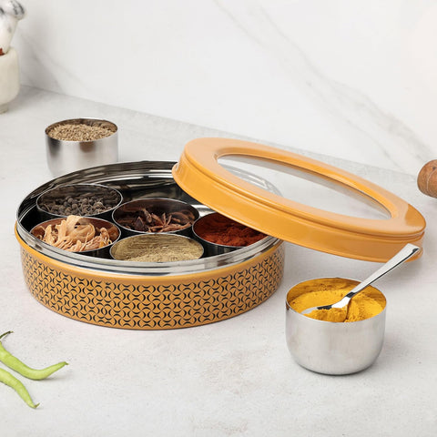 Dudki 7 in 1 Stainless Steel Masala Dabba / Spice Box Caramel Orange