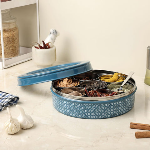 Dudki 7 in 1 Stainless Steel Masala Dabba / Spice Box Dusky Blue