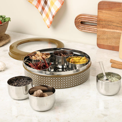 Dudki 7 in 1 Stainless Steel Masala Dabba / Spice Box Caramel Orange