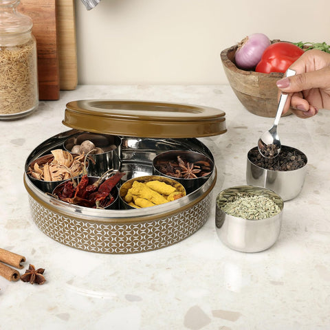 Dudki 7 in 1 Stainless Steel Masala Dabba / Spice Box Caramel Orange