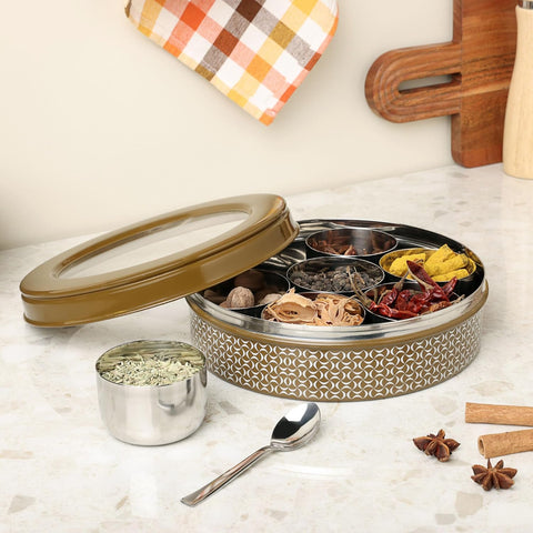 Dudki 7 in 1 Stainless Steel Masala Dabba / Spice Box Caramel Orange