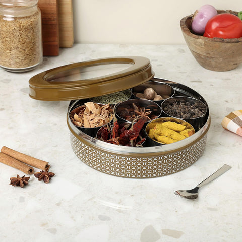 Dudki 7 in 1 Stainless Steel Masala Dabba / Spice Box Caramel Orange