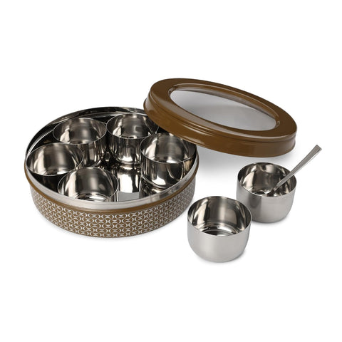 Dudki 7 in 1 Stainless Steel Masala Dabba / Spice Box Caramel Orange