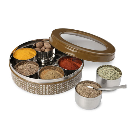 Dudki 7 in 1 Stainless Steel Masala Dabba / Spice Box Caramel Orange