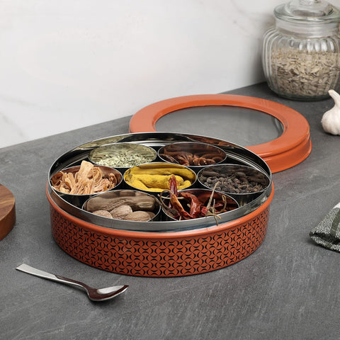 Dudki 7 in 1 Stainless Steel Masala Dabba / Spice Box Orange Rust